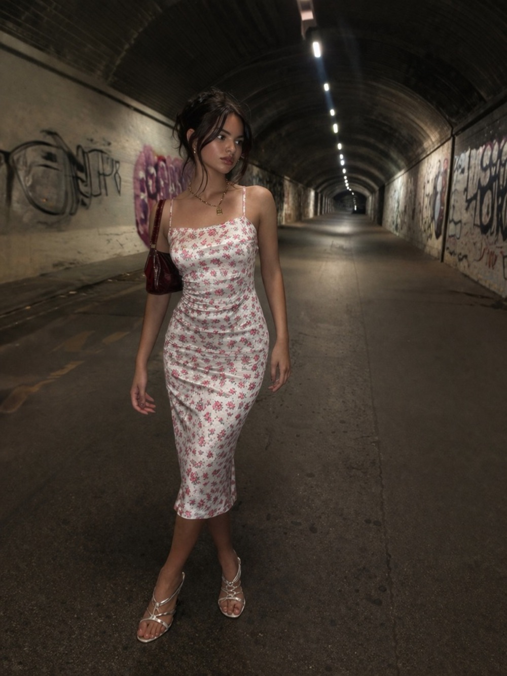 Tunnel Vision soft grunge floral mesh slip midi dress in pink - xs